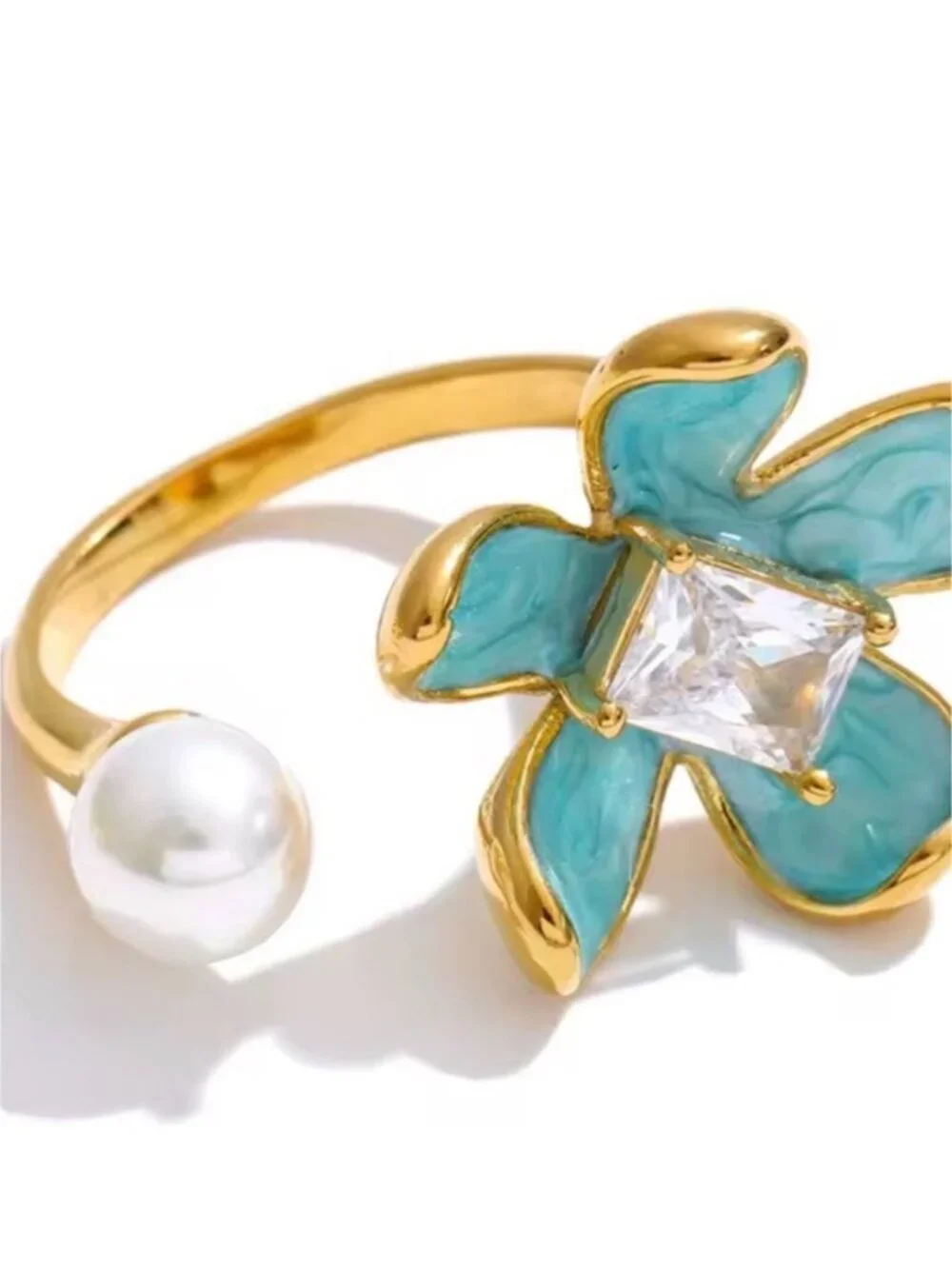 Gold plated Ring with Turquoise Enamel Flower and Pearl